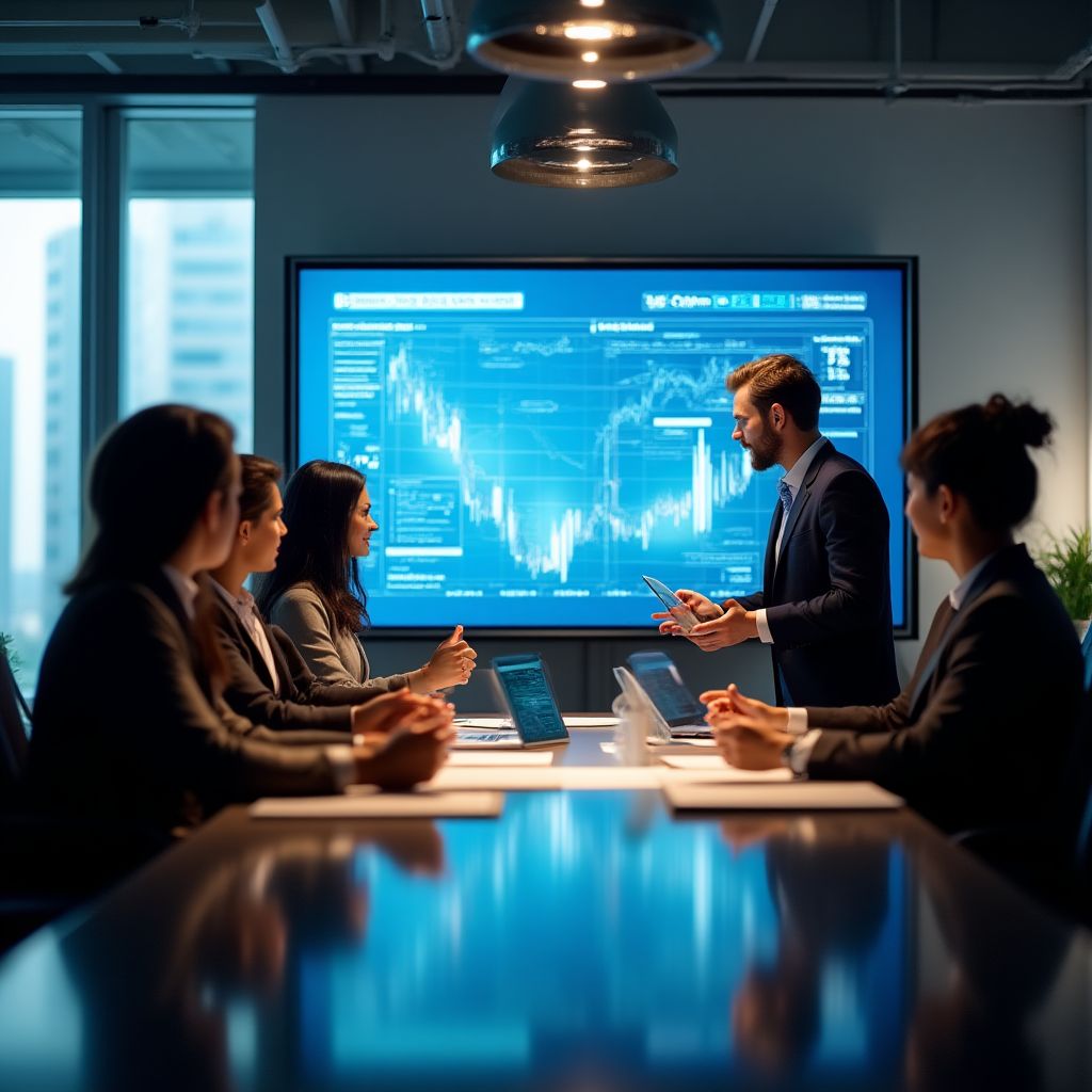 Un equipo diverso colaborando en una pizarra con gráficos financieros.