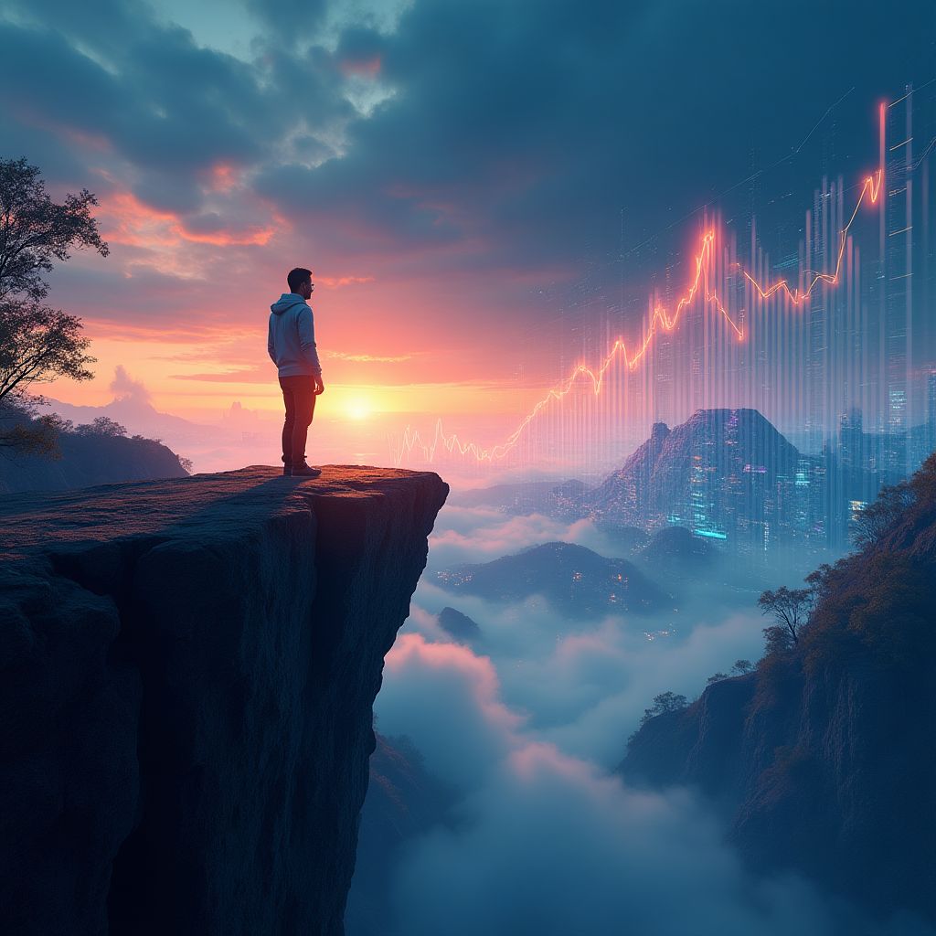 Una persona mirando hacia un horizonte digital que representa un futuro financiero brillante.